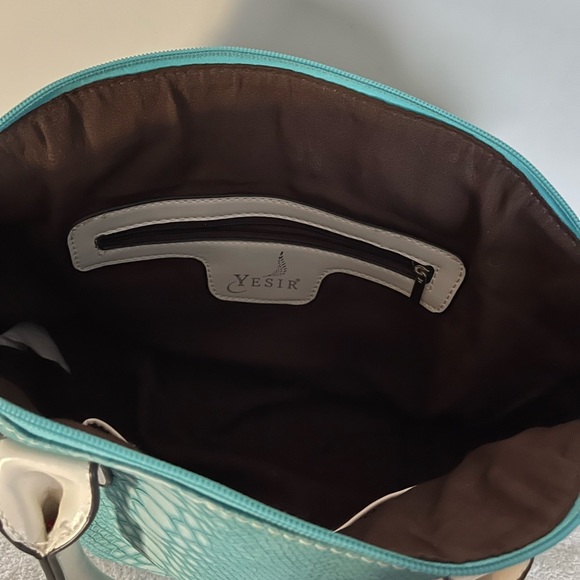 Yesir Turquoise Handbag White Handles and Trim - Picture 5 of 6